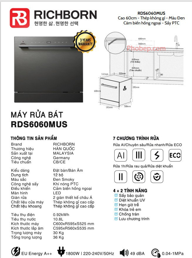 Máy rửa bát 8 bộ Richborn RDS6060MUS công nghệ sấy cao cấp